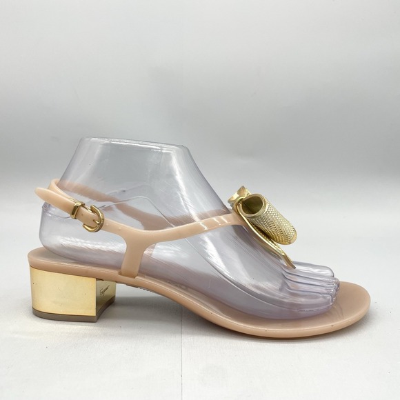 Salvatore Ferragamo Womens 7 Vera Bow Sandals Shoes Gold Jelly Slingback Heels - Picture 1 of 13
